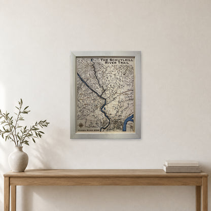 Schuylkill River Trail, Pennsylvania Wood Map — Single layer with engraved contours — room mockup