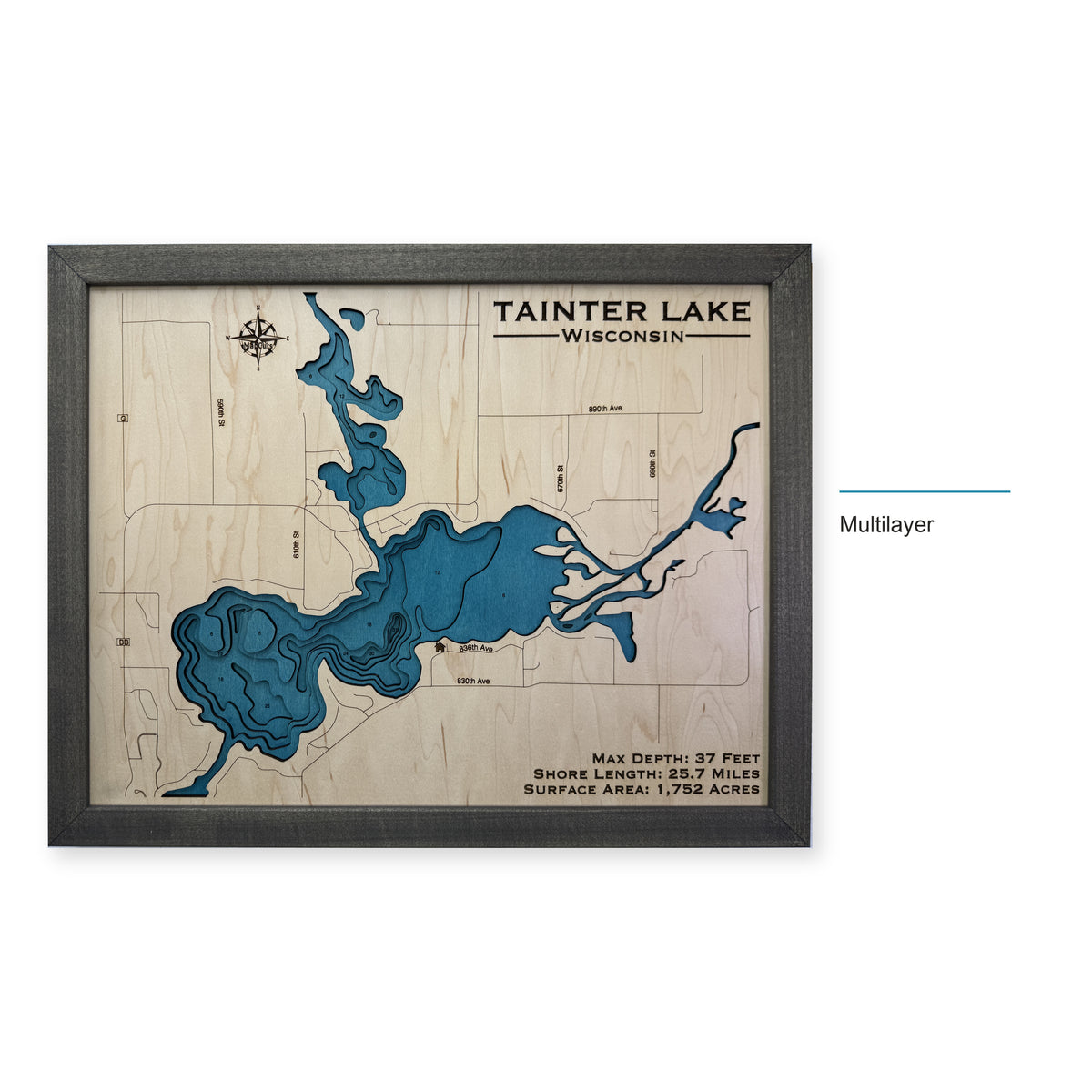 Tainter Lake, Wisconsin Wood Map — Multilayer — style-labeled photo