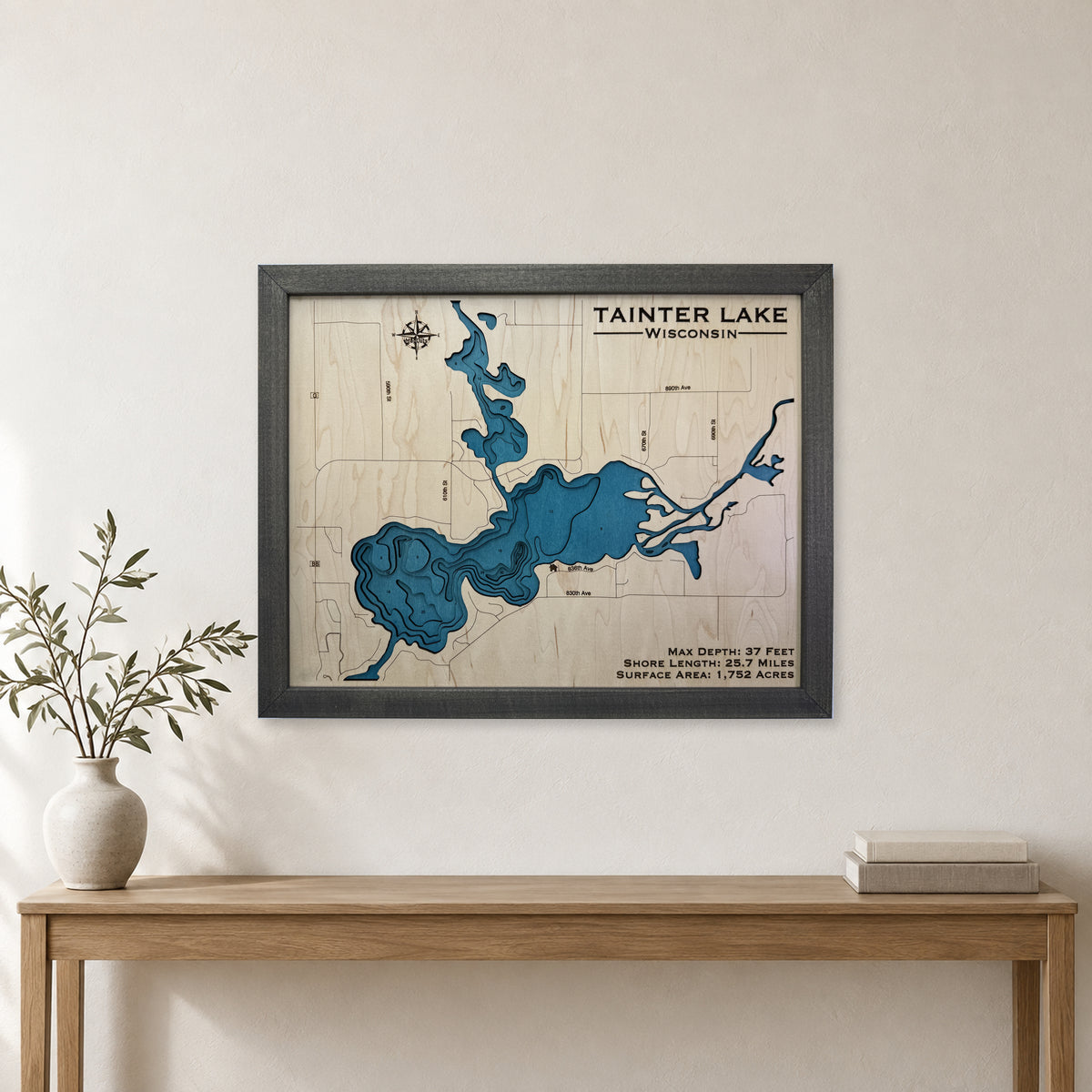 Tainter Lake, Wisconsin Wood Map — Multilayer — room mockup