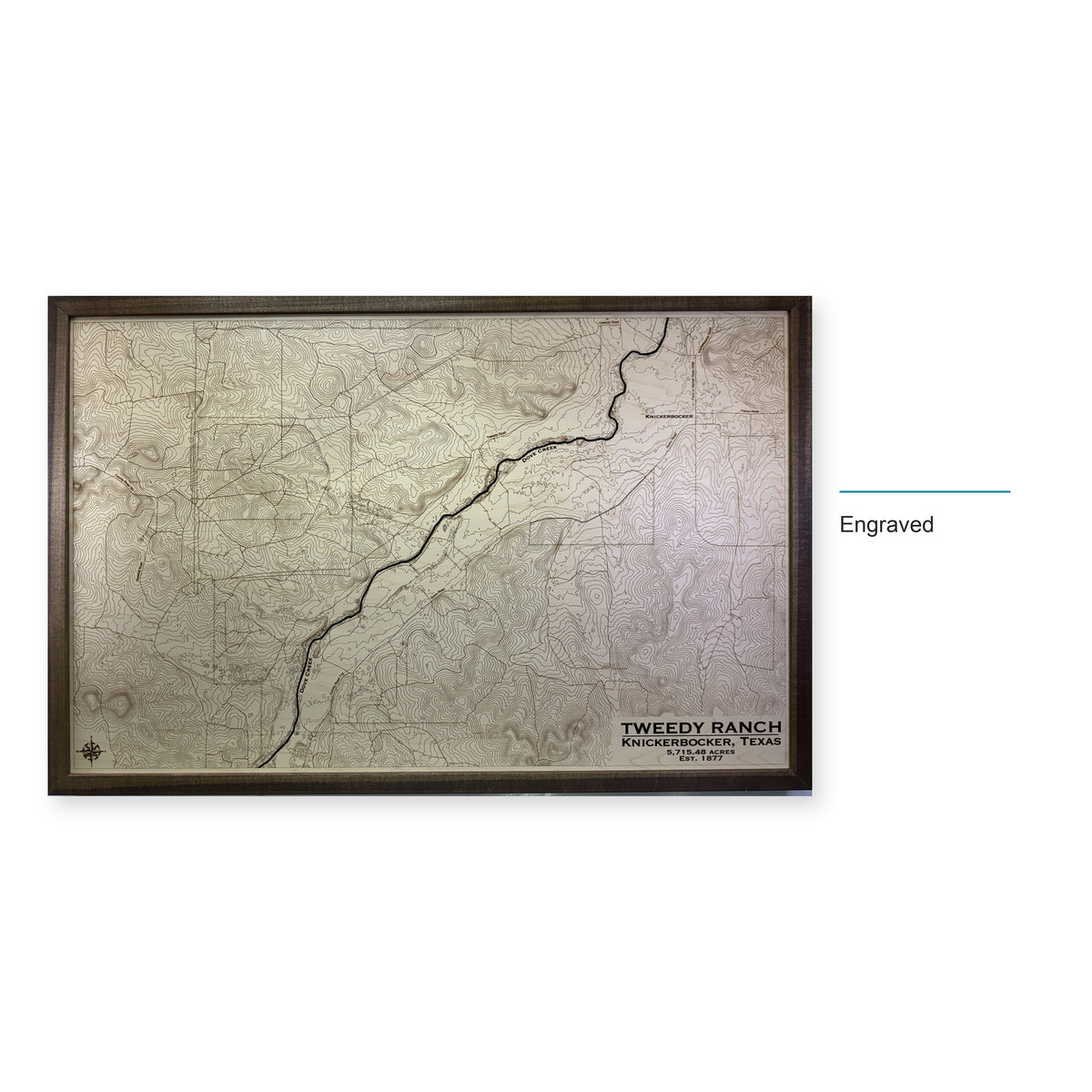 Tweedy Ranch, Texas Wood Map — Engraved — style-labeled photo