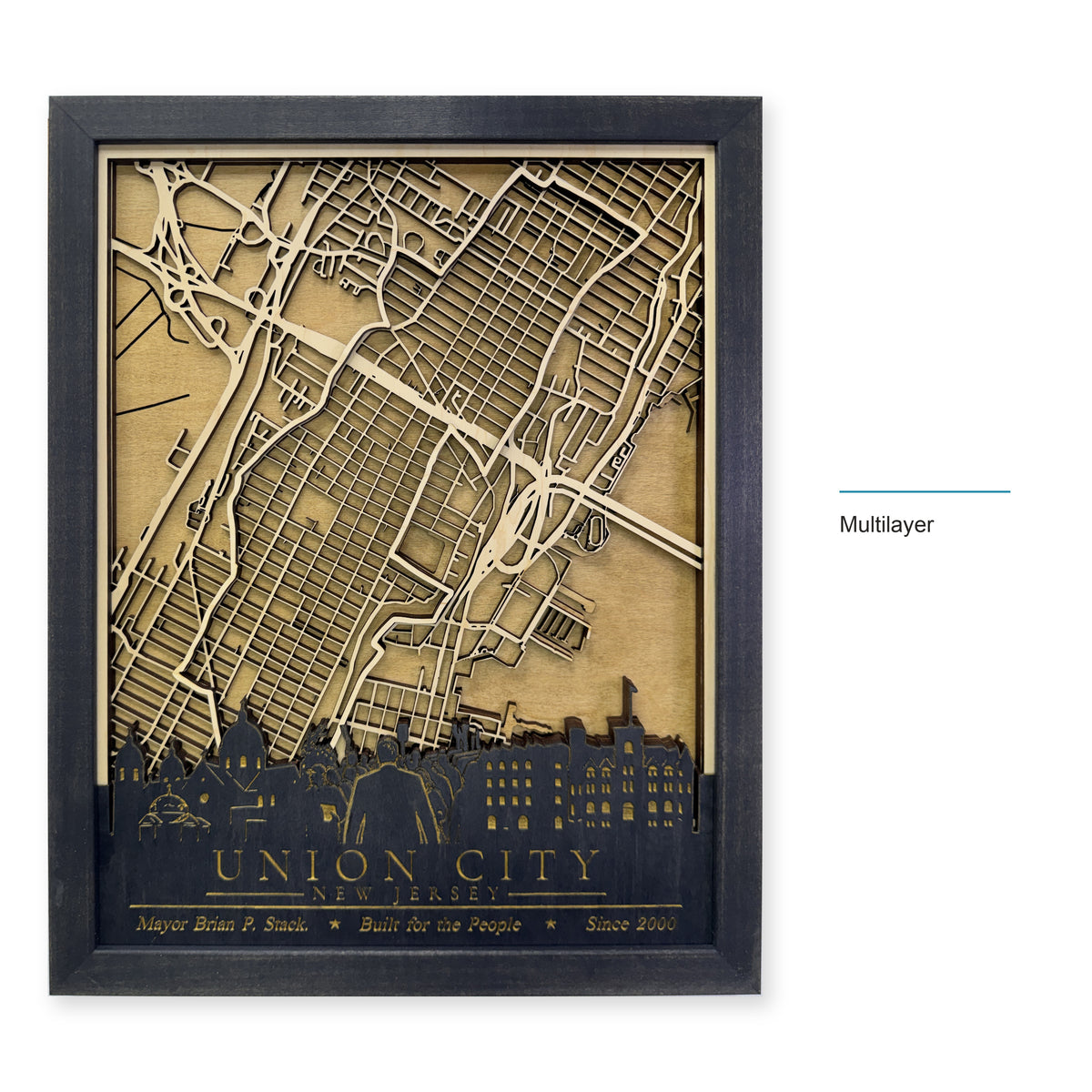 Union City, New Jersey Wood Map — Multilayer — style-labeled photo
