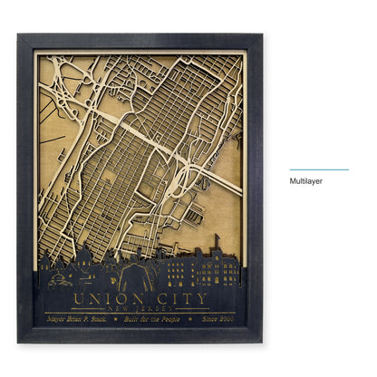 Union City, New Jersey Wood Map — Multilayer — style-labeled photo