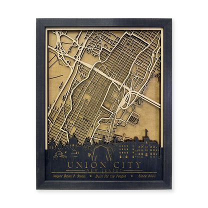 Union City, New Jersey Wood Map — Multilayer — plain-background photo