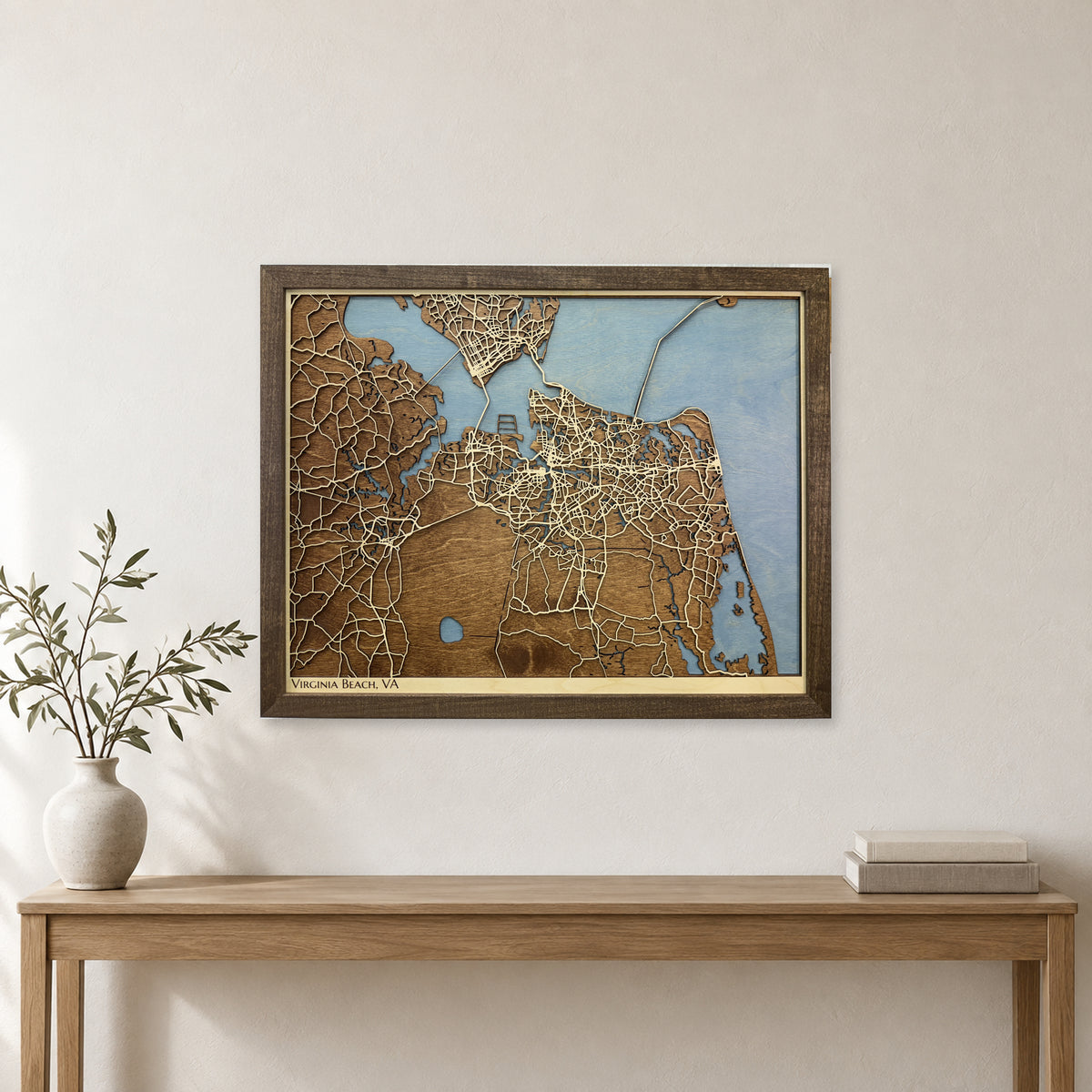 Virginia Beach, Virginia Wood Map — Multilayer — room mockup