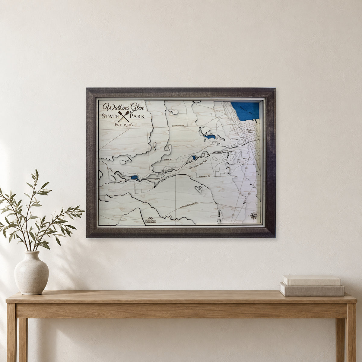 Watkins Glen State Park, New York Wood Map — Multilayer — room mockup