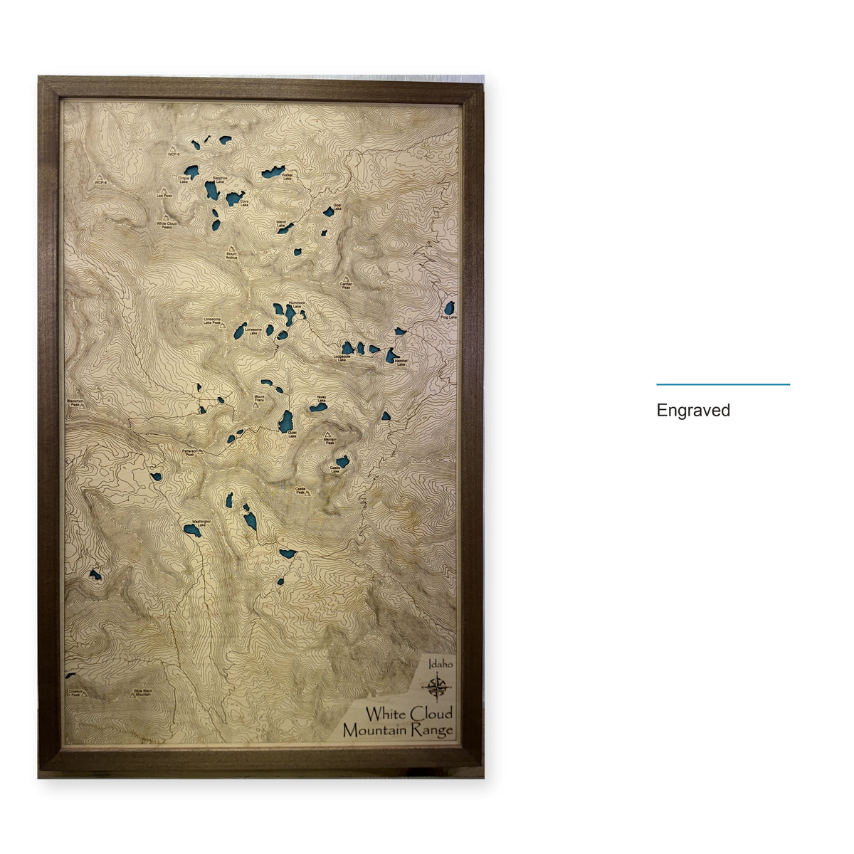 White Cloud Mountains, Idaho Wood Map — Engraved — style-labeled photo