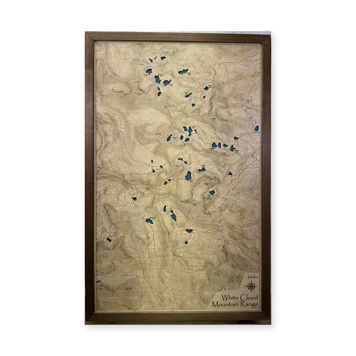White Cloud Mountains, Idaho Wood Map — Engraved — plain-background photo