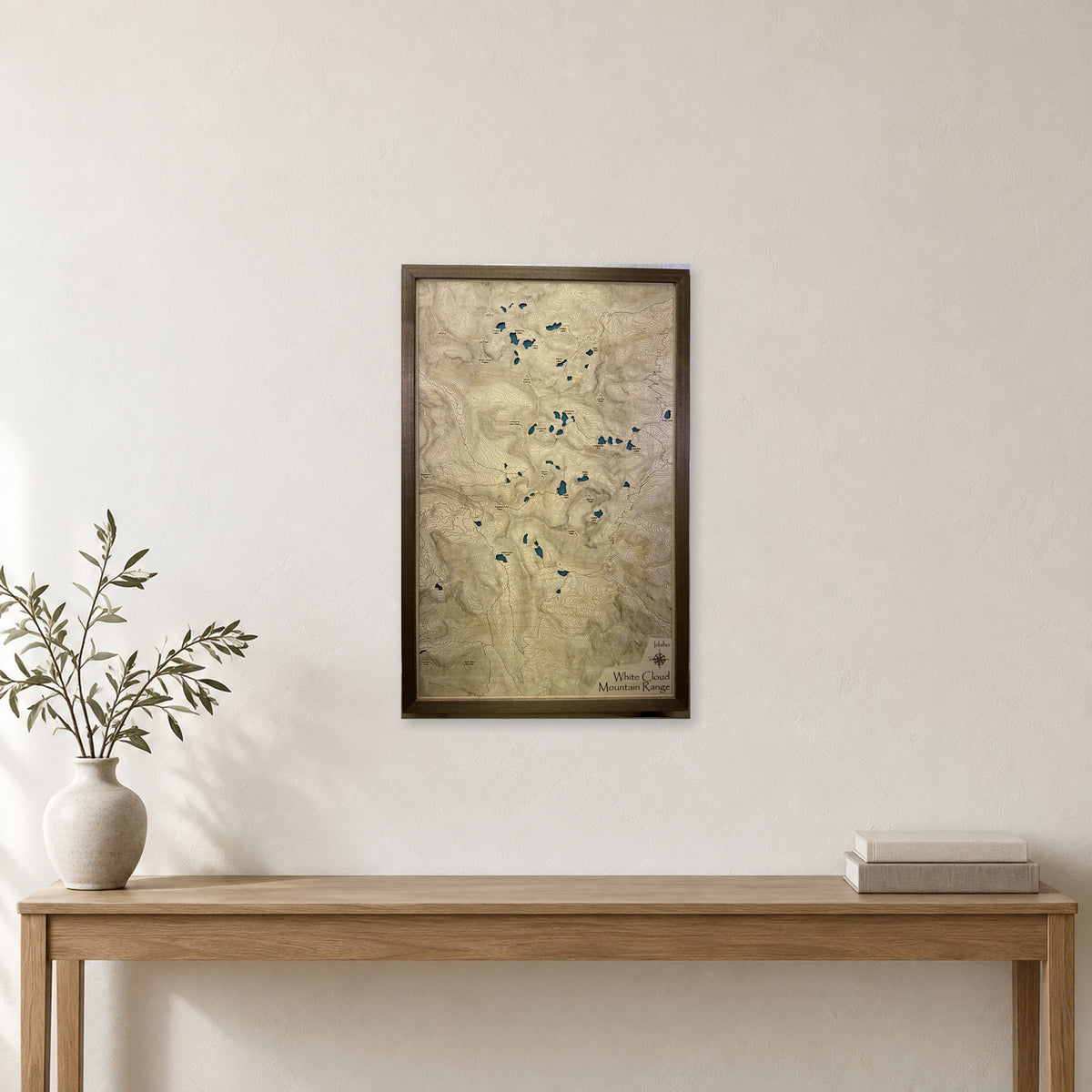 White Cloud Mountains, Idaho Wood Map — Engraved — room mockup