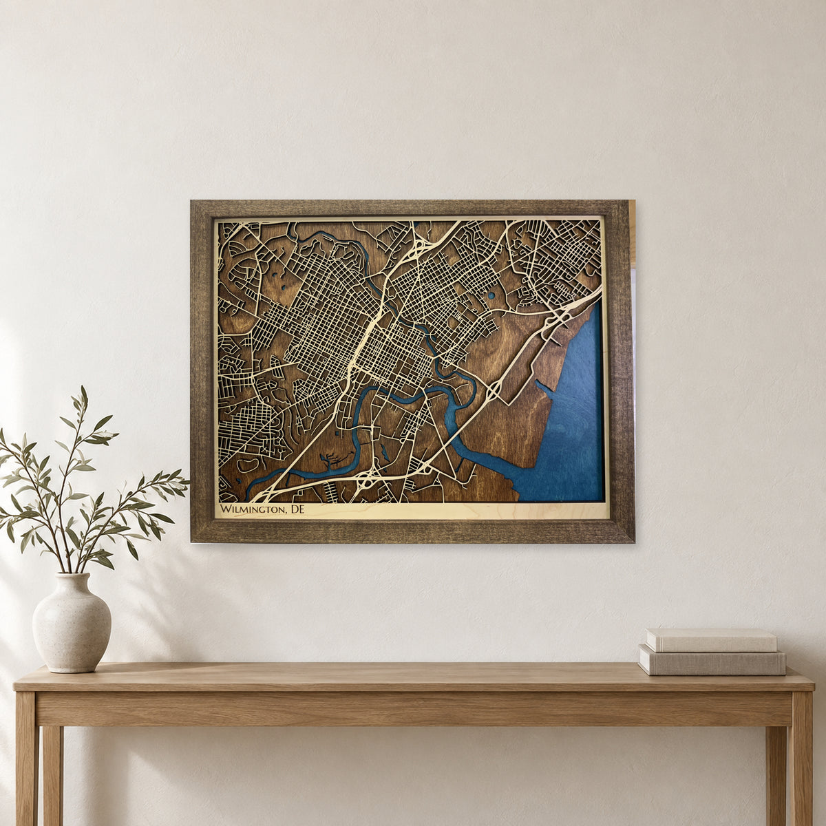 Wilmington, Delaware Wood Map — Multilayer — room mockup