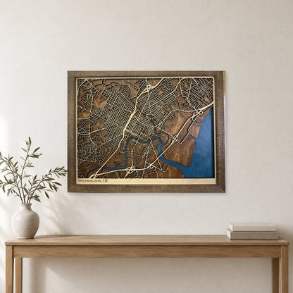 Wilmington, Delaware Wood Map — Multilayer — room mockup