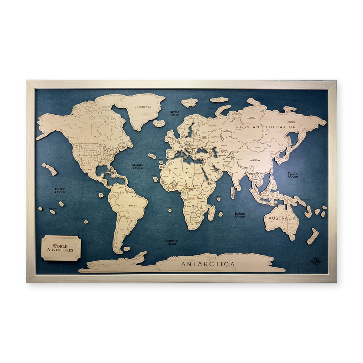 Wooden World Travel Map with Pins — Single layer — plain-background photo