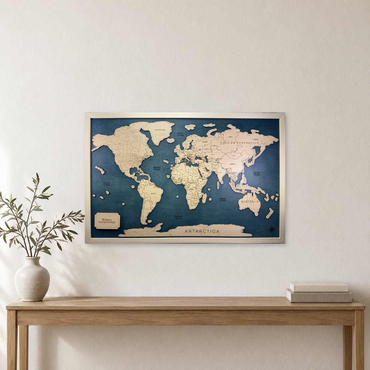 Wooden World Travel Map with Pins — Single layer — room mockup