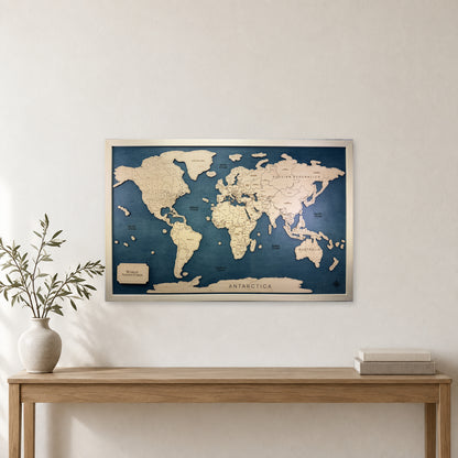 Wooden World Travel Map with Pins — Single layer — room mockup