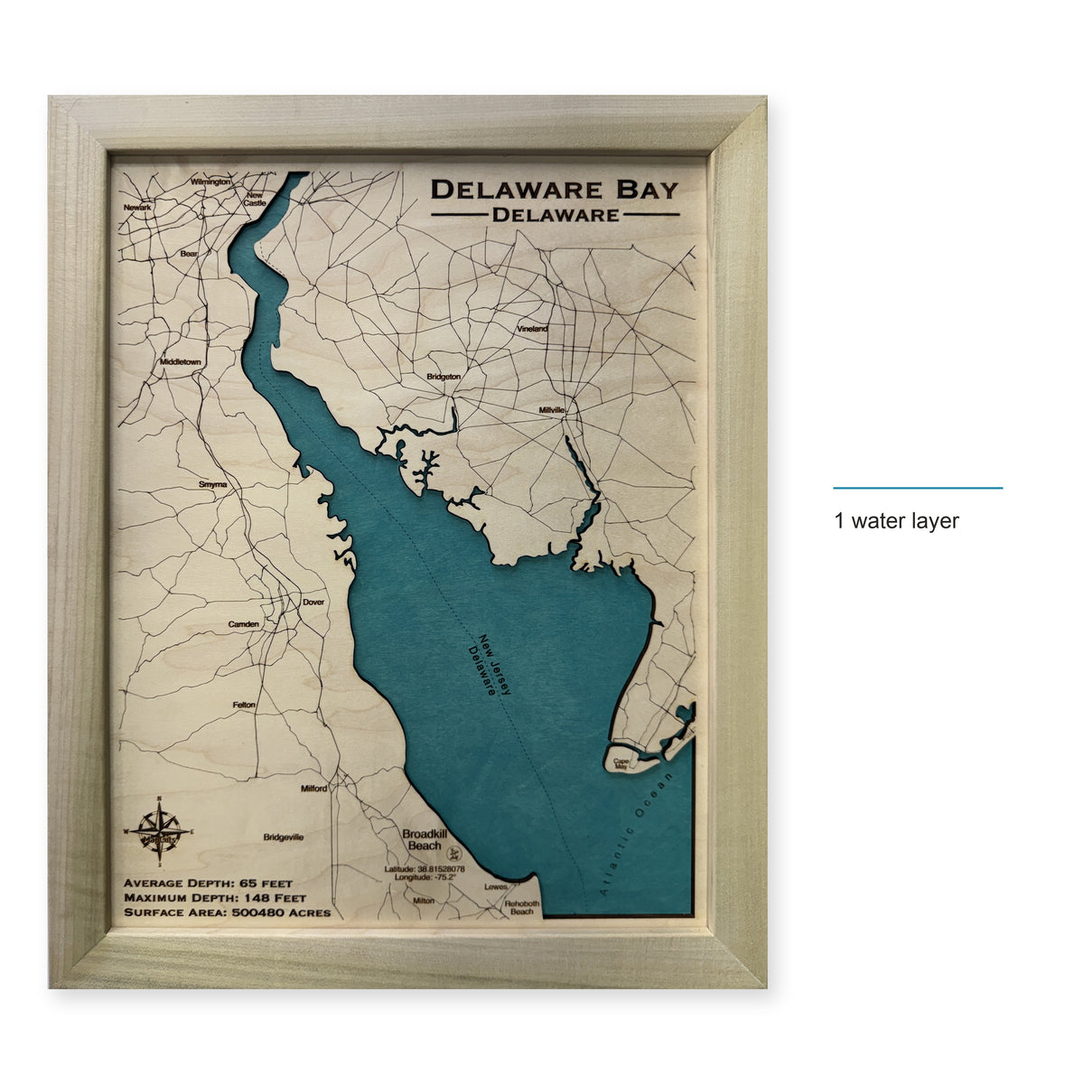 Delaware Bay Single Water Layer Natural Frame Wood Map — style-labeled photo [MC20261006 legacy 9ed6c3d989b5]