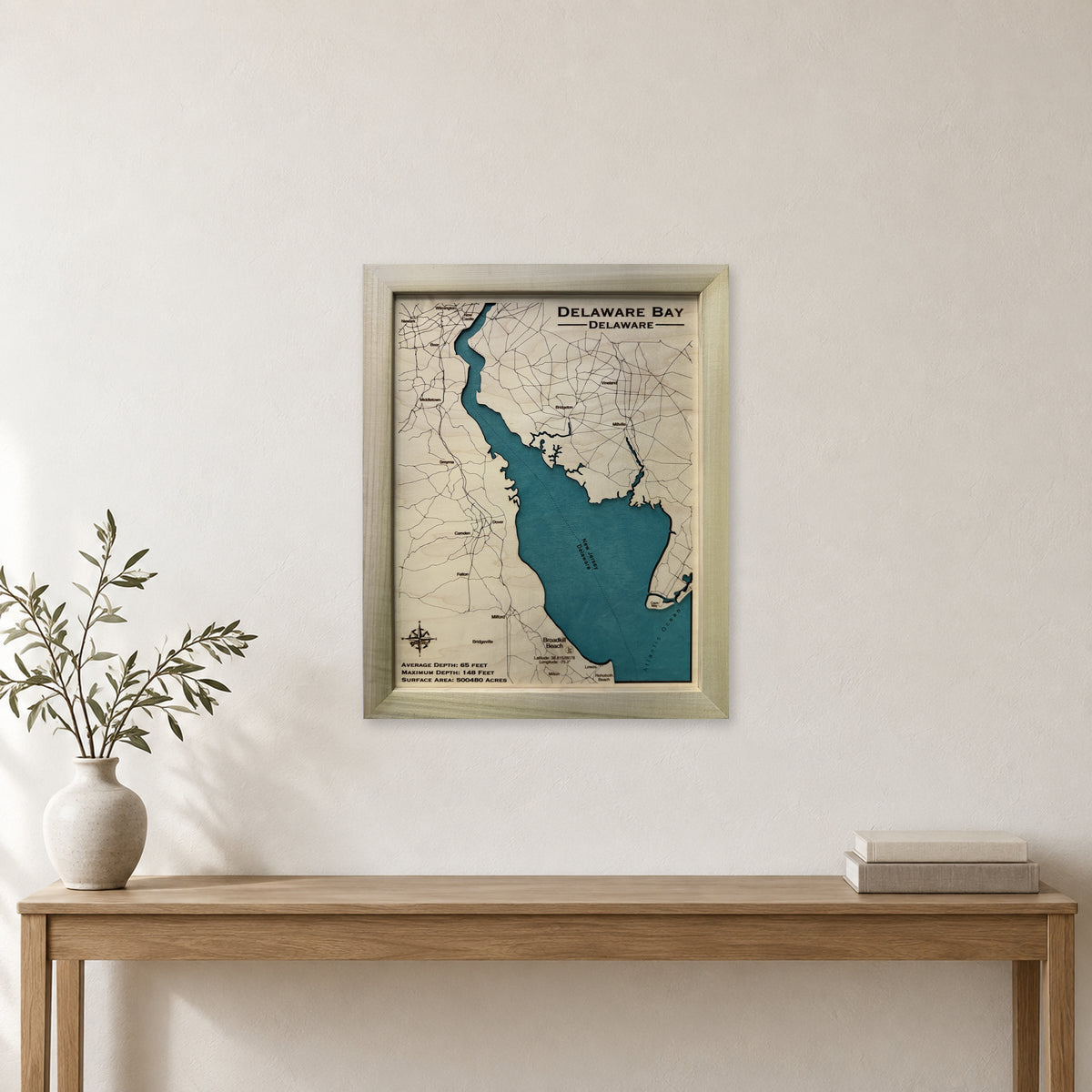 Delaware Bay Single Water Layer Natural Frame Wood Map — room mockup [MC20261006 legacy 5da648357e8a]