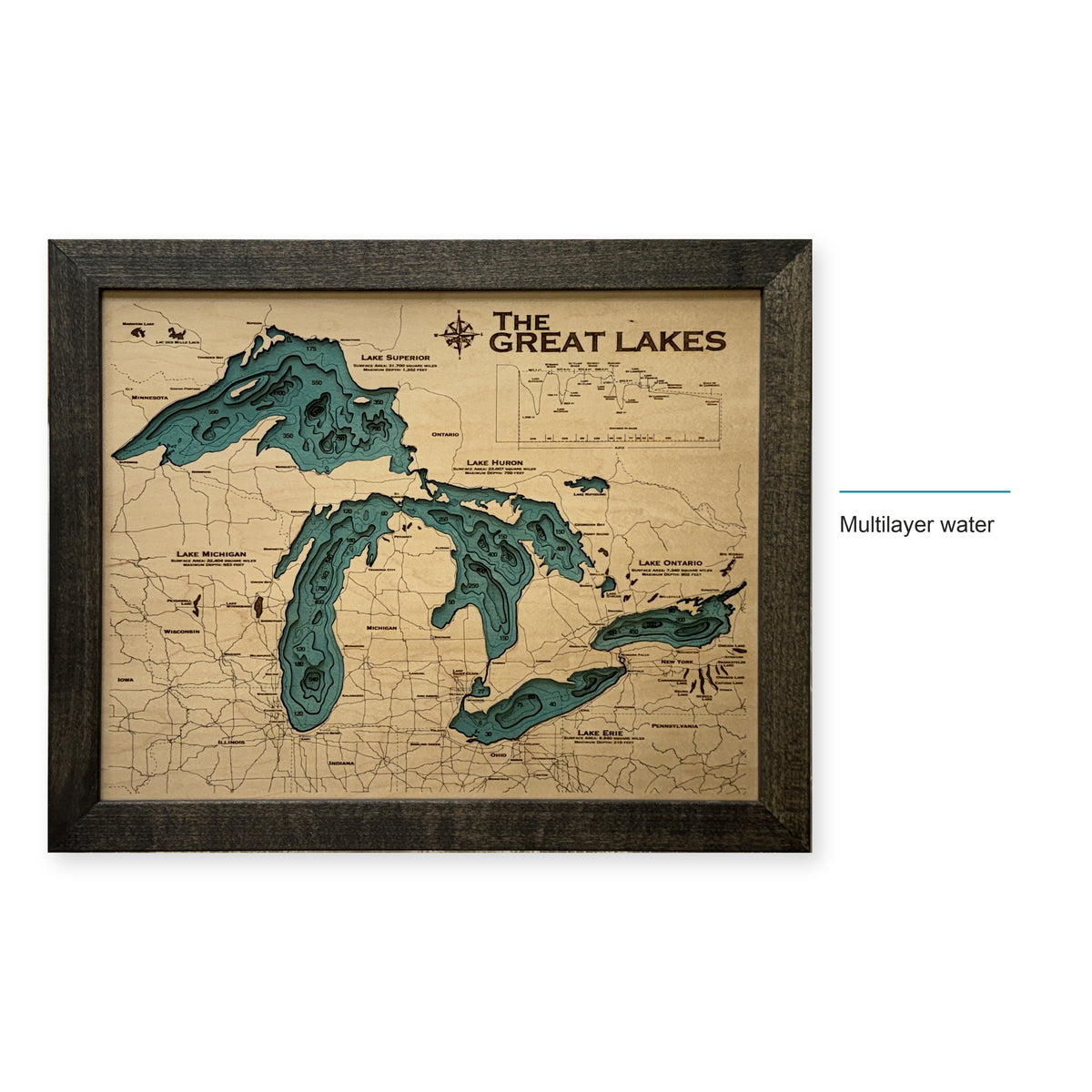 Great Lakes Teal Multilayer Charcoal Frame Wood Map — style-labeled photo [MC20261006 legacy 255438c16c67]