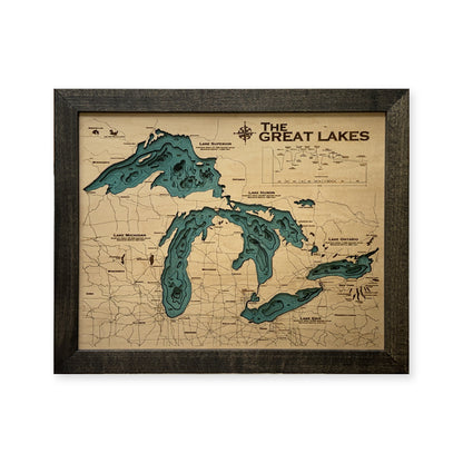 Great Lakes Teal Multilayer Charcoal Frame Wood Map — Multilayer water main photo [MC20261006 legacy b80633fd5416]
