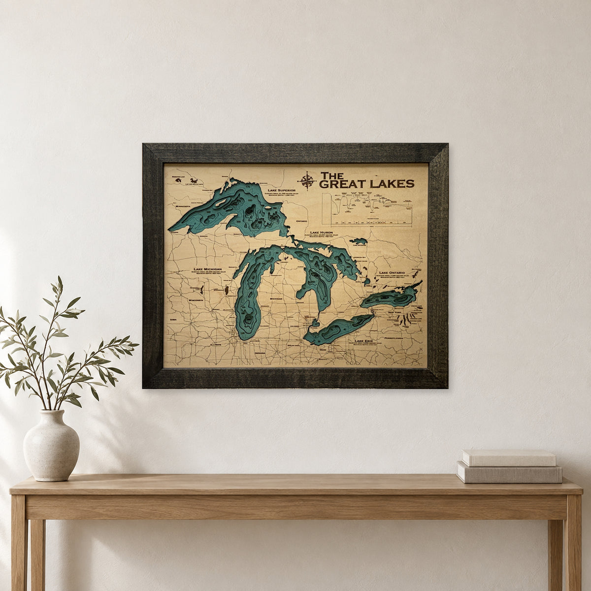 Great Lakes Teal Multilayer Charcoal Frame Wood Map — room mockup [MC20261006 legacy ae10a9432cc3]