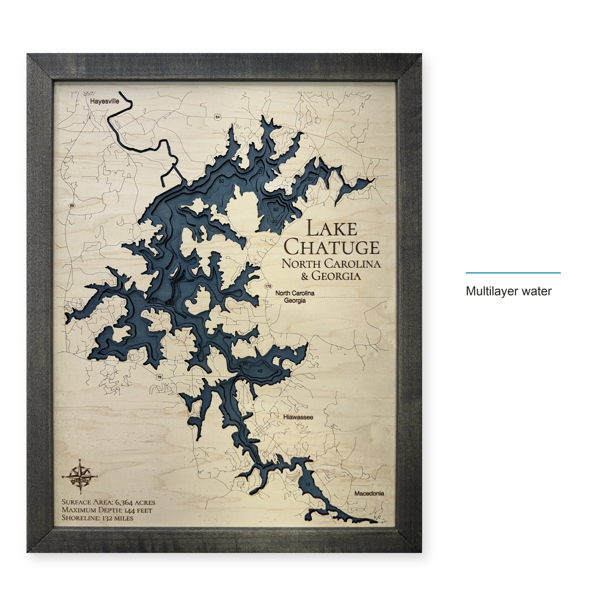 Lake Chatuge Multilayer Charcoal Frame Wood Map — style-labeled photo [MC20261006 legacy fe378768d11e]