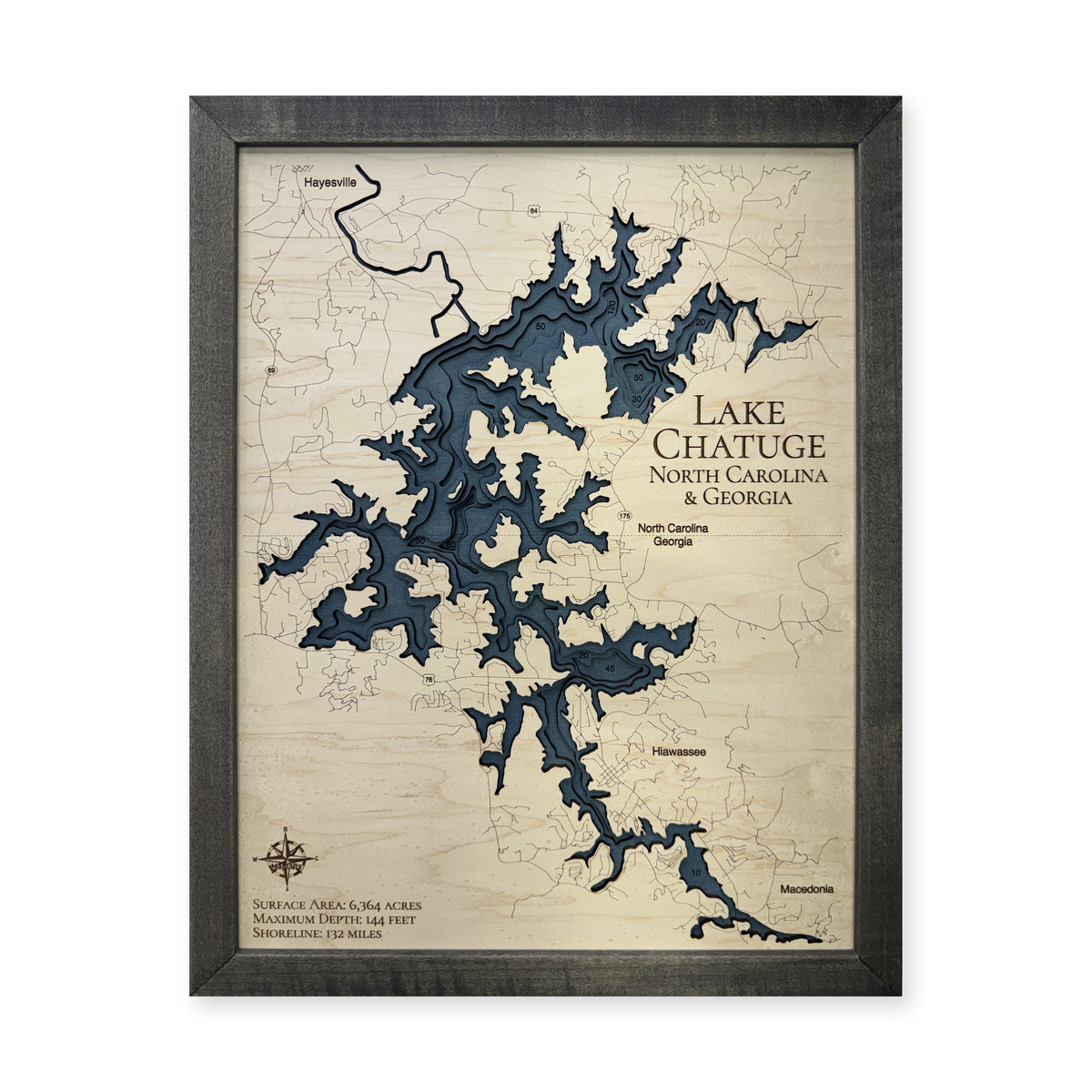 Lake Chatuge Multilayer Charcoal Frame Wood Map — Multilayer water main photo [MC20261006 legacy 768525448203]