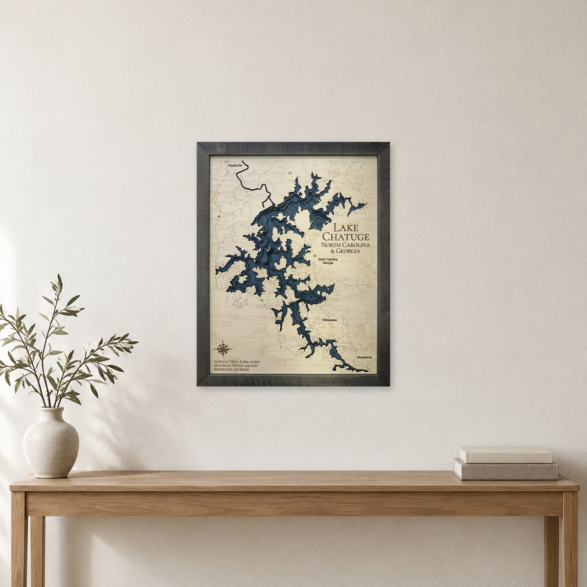 Lake Chatuge Multilayer Charcoal Frame Wood Map — room mockup [MC20261006 legacy 32a837bd9adc]