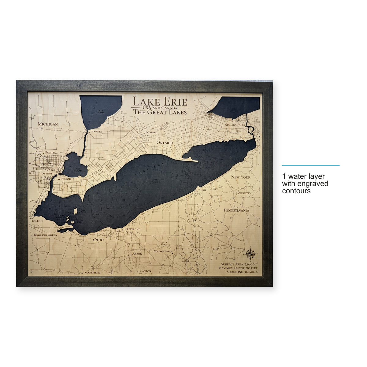 Lake Erie Engraved Contours Charcoal Frame Wood Map — style-labeled photo [MC20261006 legacy 3df5aba41eb3]