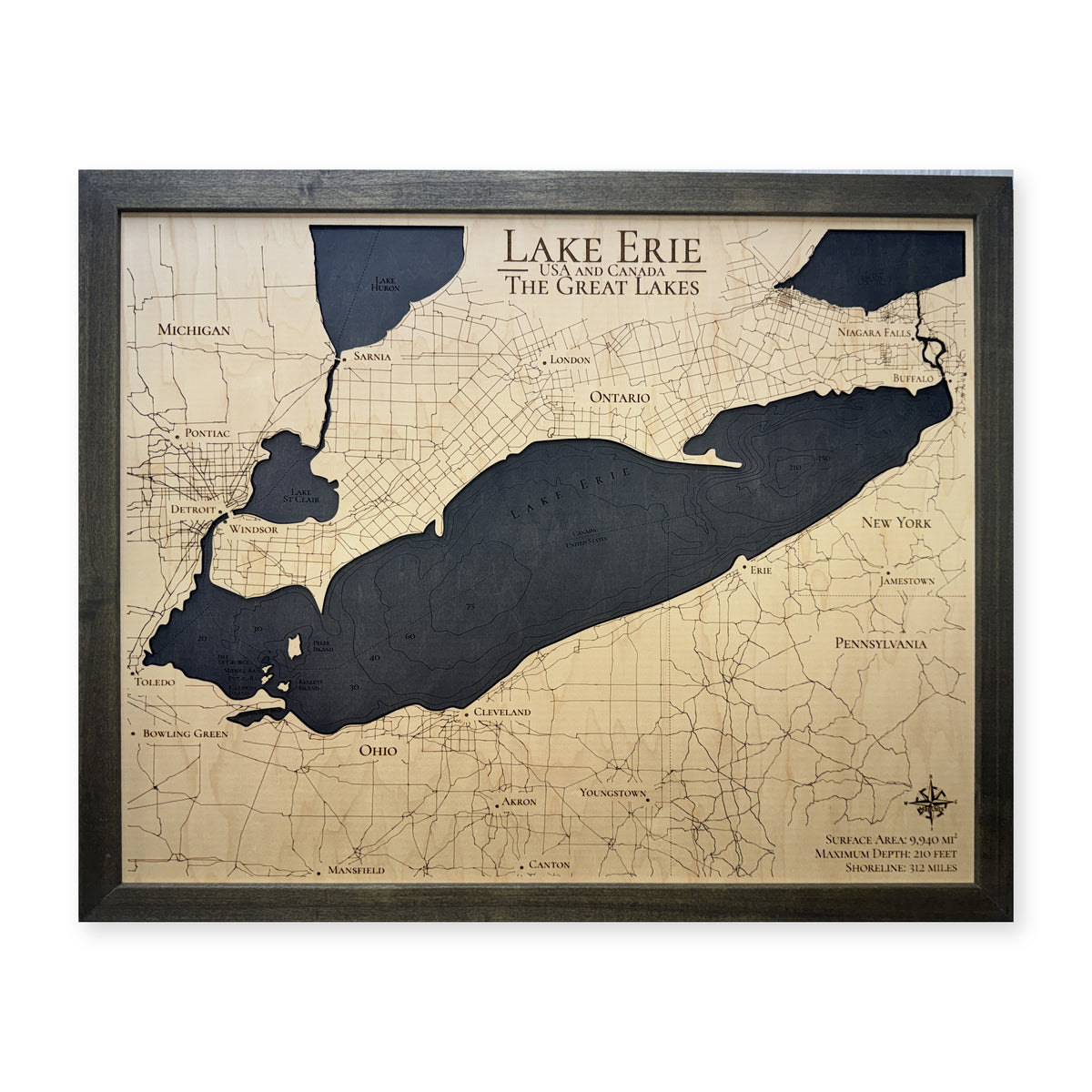 Lake Erie Engraved Contours Charcoal Frame Wood Map — 1 water layer
with engraved
contours main photo [MC20261006 legacy 8059452a6954]