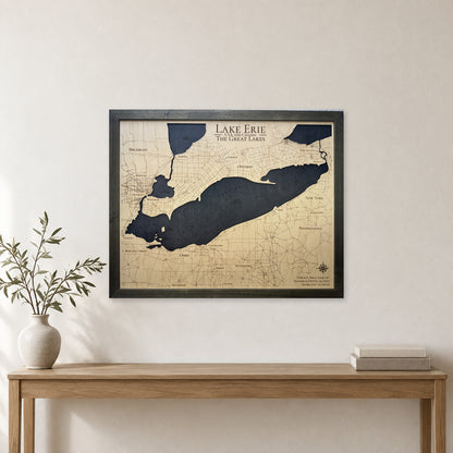 Lake Erie Engraved Contours Charcoal Frame Wood Map — room mockup [MC20261006 legacy 1f4e01f2f15a]