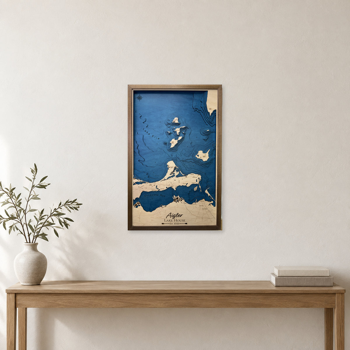 Lake Erie Islands Aigler Multilayer Wood Map — room mockup [MC20261006 legacy d7a2514b8fa2]