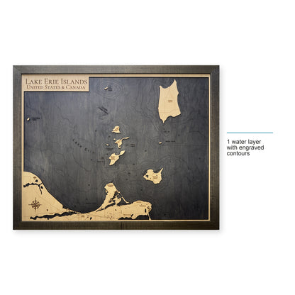 Lake Erie Islands Engraved Contours Charcoal Frame Wood Map — style-labeled photo [MC20261006 legacy d70c7988c242]