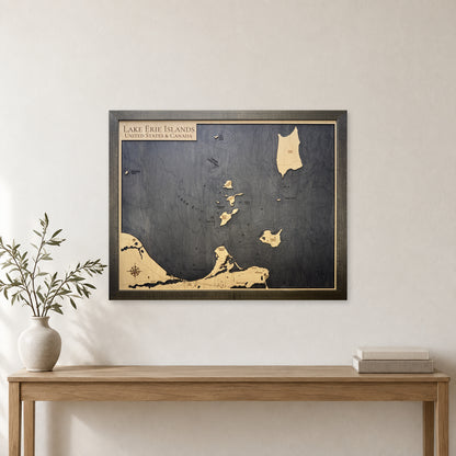 Lake Erie Islands Engraved Contours Charcoal Frame Wood Map — room mockup [MC20261006 legacy 6484587893c7]