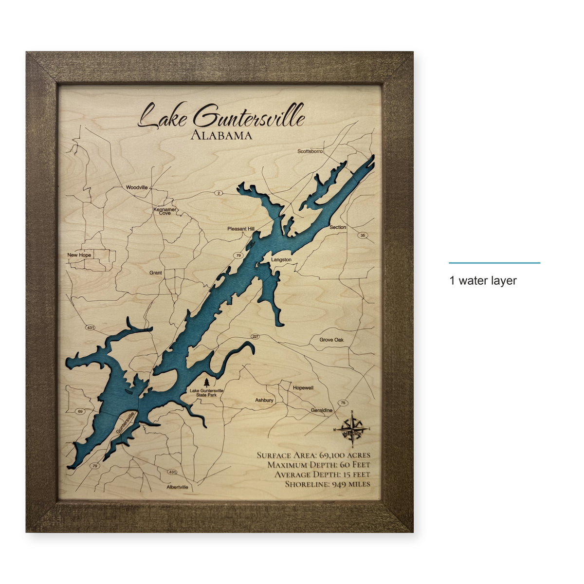 Lake Guntersville Single Water Layer Walnut Frame Wood Map — style-labeled photo [MC20261006 legacy c39aae2e7aad]