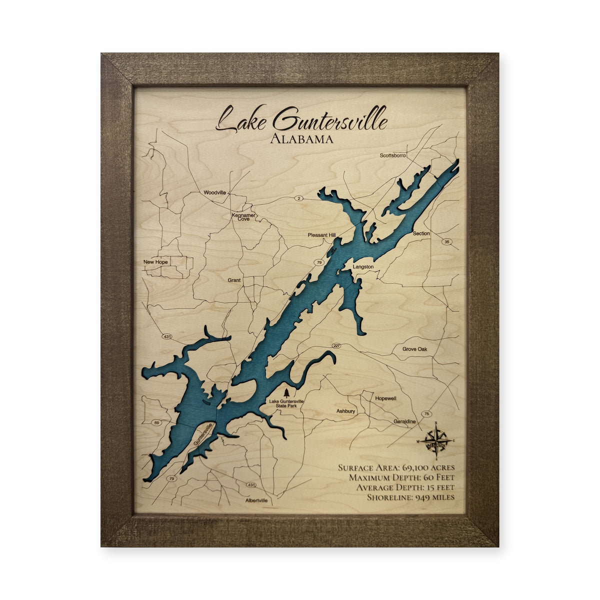 Lake Guntersville Single Water Layer Walnut Frame Wood Map — 1 water layer main photo [MC20261006 legacy 31b02b945274]