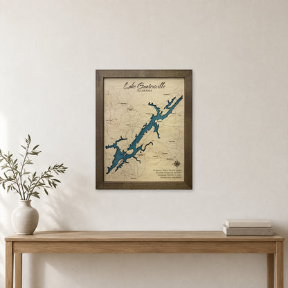 Lake Guntersville Single Water Layer Walnut Frame Wood Map — room mockup [MC20261006 legacy d6a5405ec804]