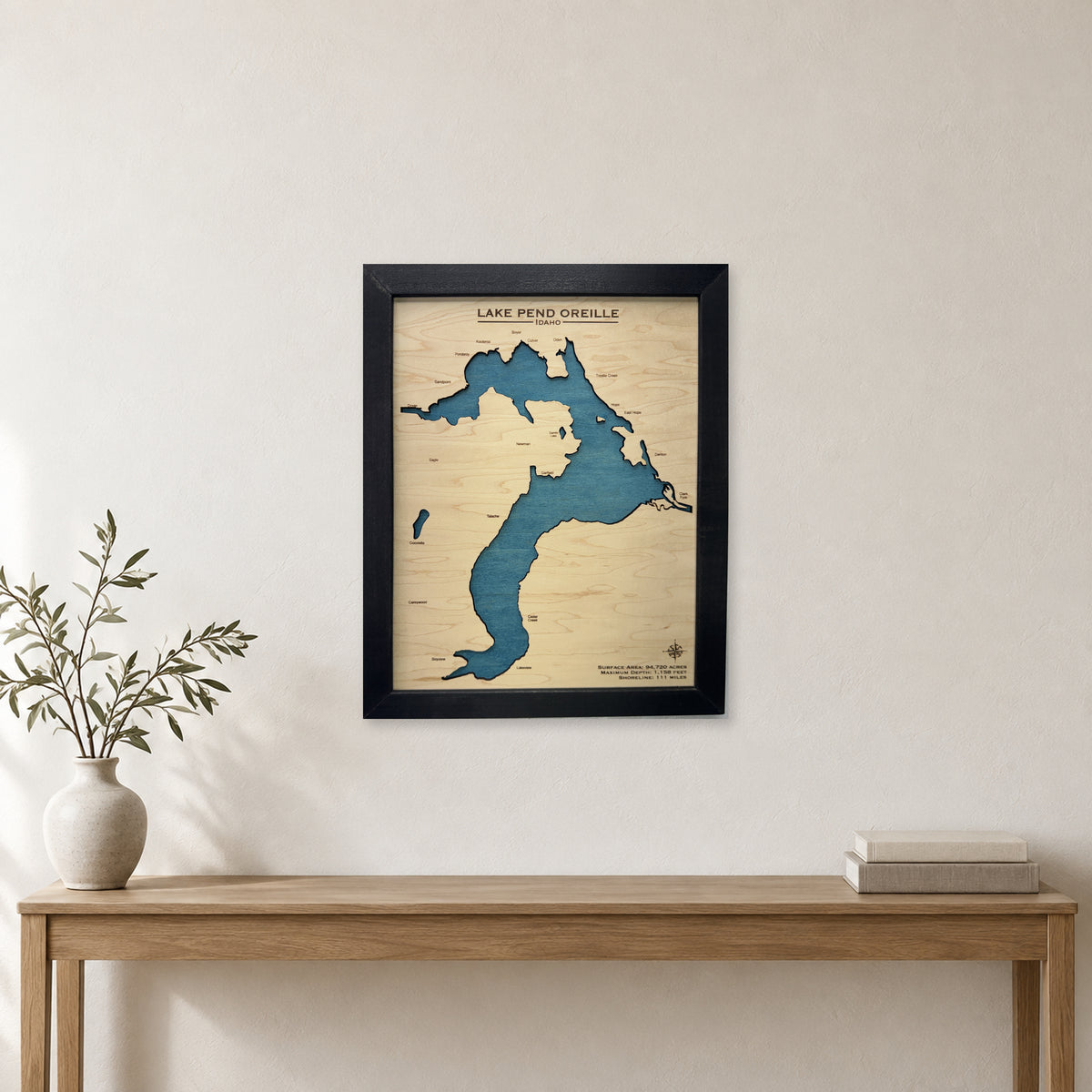 Lake Pend Oreille Idaho Single Water Charcoal Wood Map — room mockup [MC20261006 legacy 468fe08f01d3]