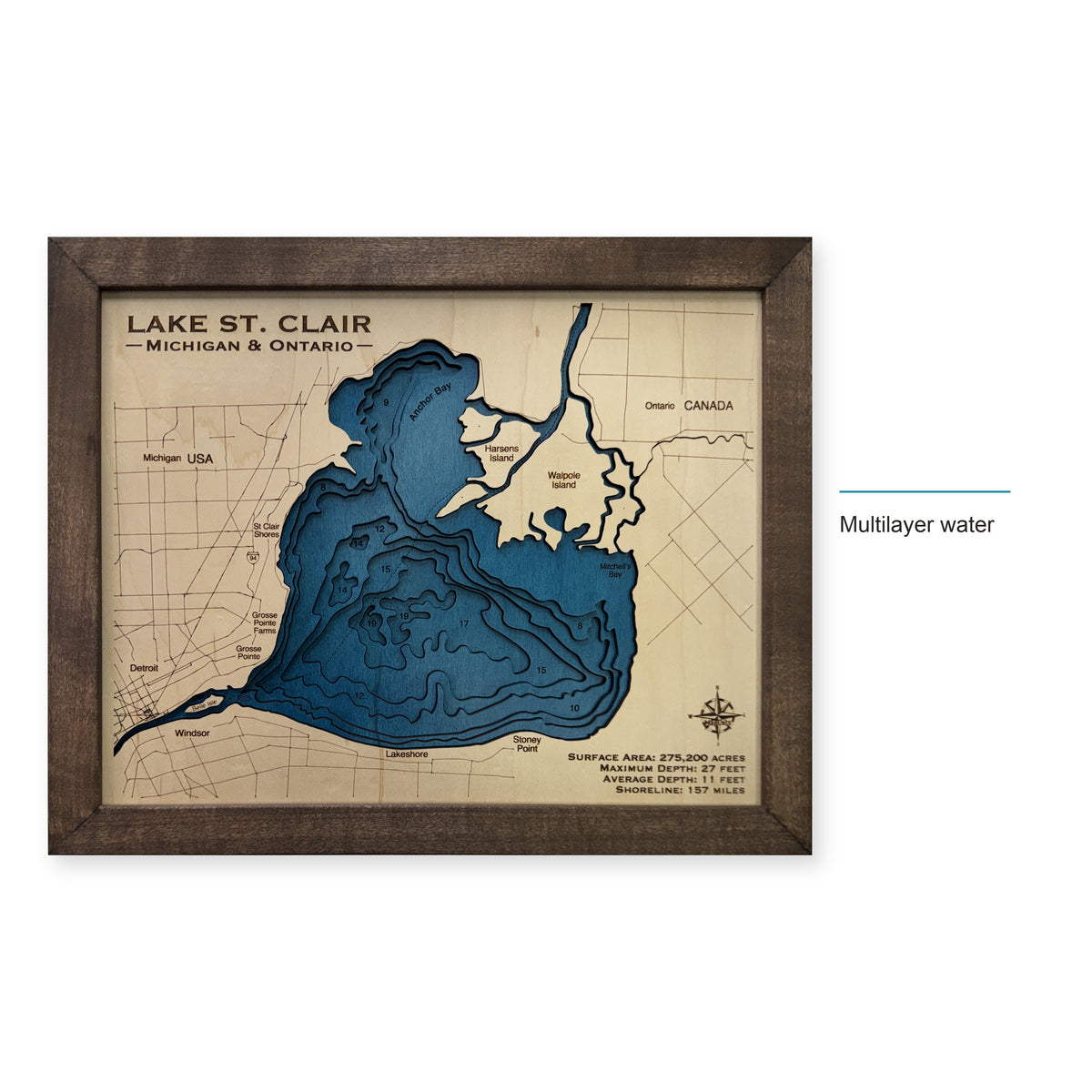 Lake St Clair Michigan Ontario Multilayer Walnut Compact Wood Map — style-labeled photo [MC20261006 legacy ee87cd01fb87]
