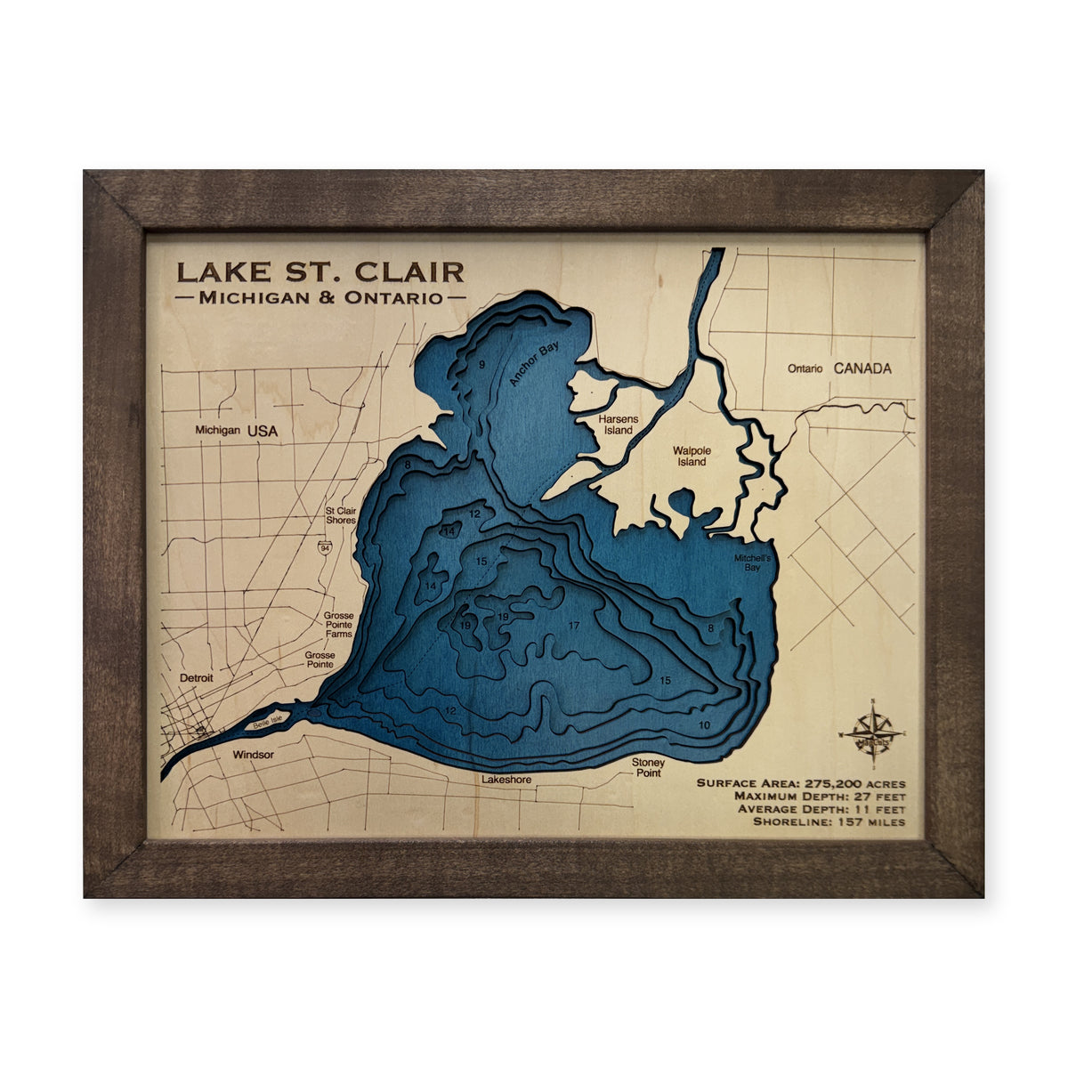 Lake St Clair Michigan Ontario Multilayer Walnut Compact Wood Map — Multilayer water main photo [MC20261006 legacy c3420603ea4c]