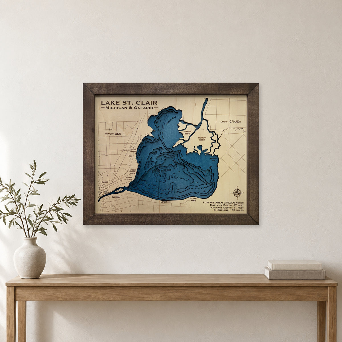 Lake St Clair Michigan Ontario Multilayer Walnut Compact Wood Map — room mockup [MC20261006 legacy 8b6d90e30317]