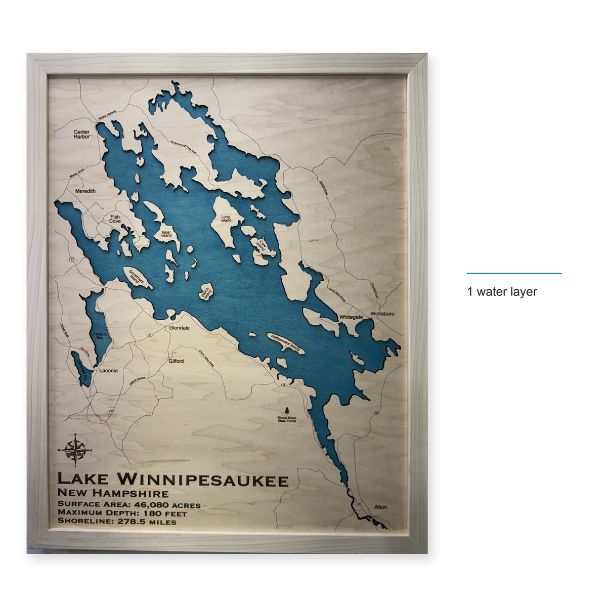 Lake Winnipesaukee New Hampshire Single Water White Frame Wood Map — style-labeled photo [MC20261006 legacy 4558ff12a60b]
