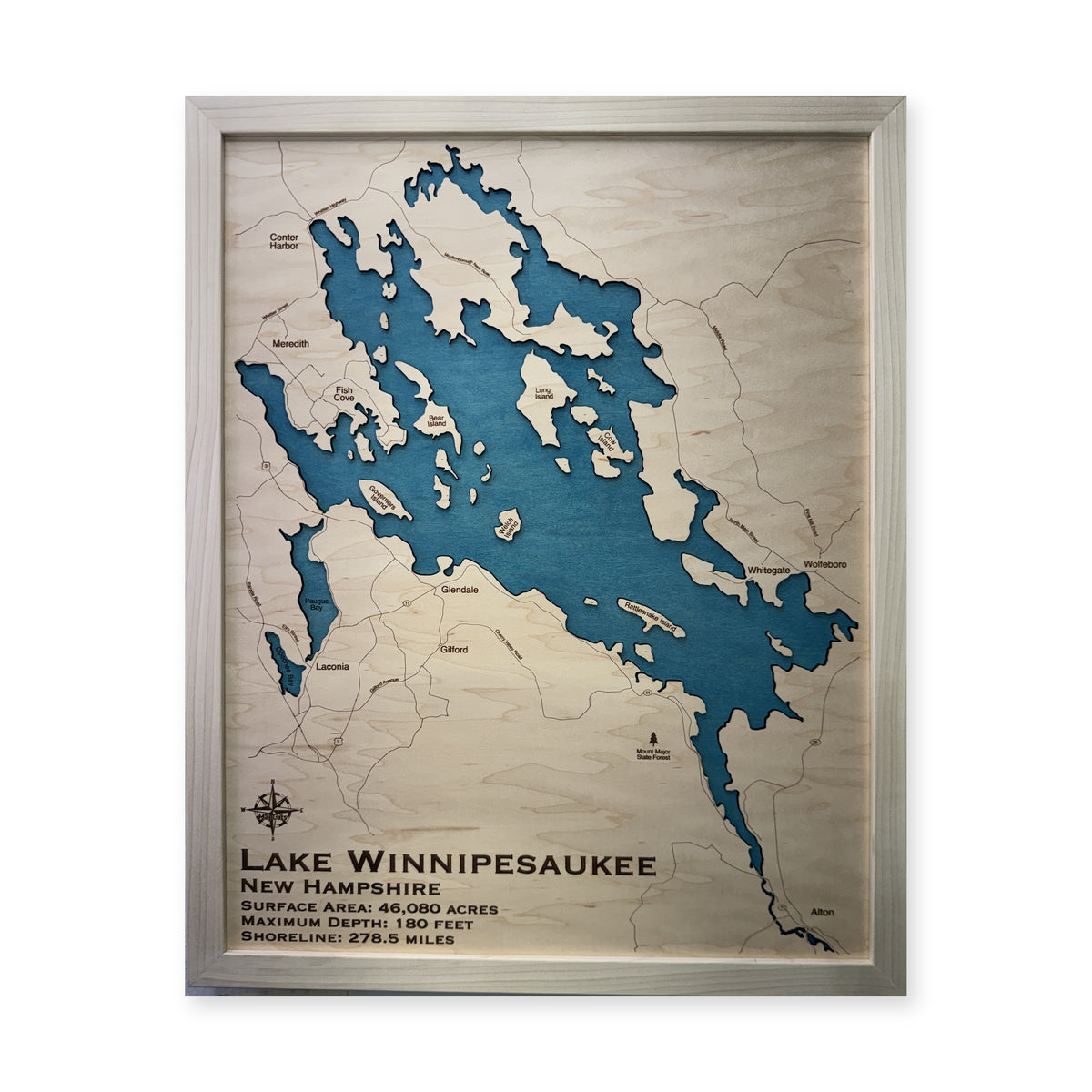 Lake Winnipesaukee New Hampshire Single Water White Frame Wood Map — 1 water layer main photo [MC20261006 legacy 2cf0b64012b0]