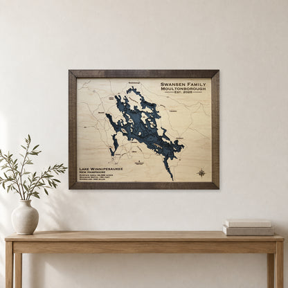 Lake Winnipesaukee Swansen Multilayer Wood Map — room mockup [MC20261006 legacy 576e9d316730]