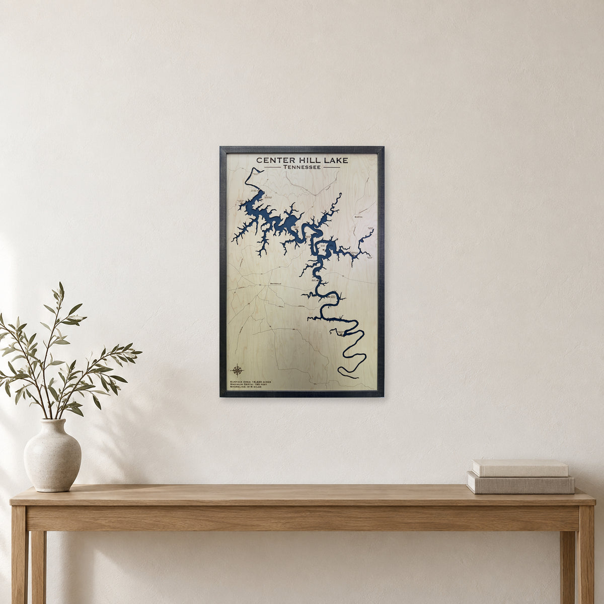 Center Hill Lake, Tennessee Wood Map — room mockup [MC20261006 q0251 4f451e58fd63]