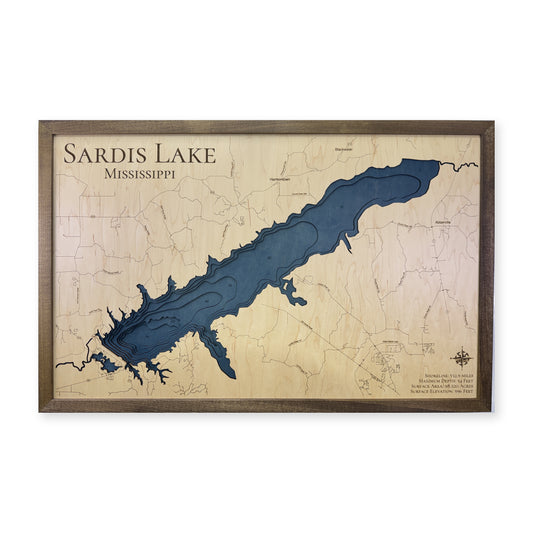 Sardis Lake, Mississippi Wood Map — Multilayer water map main photo [MC20261006 q0317 d38b6307785f]