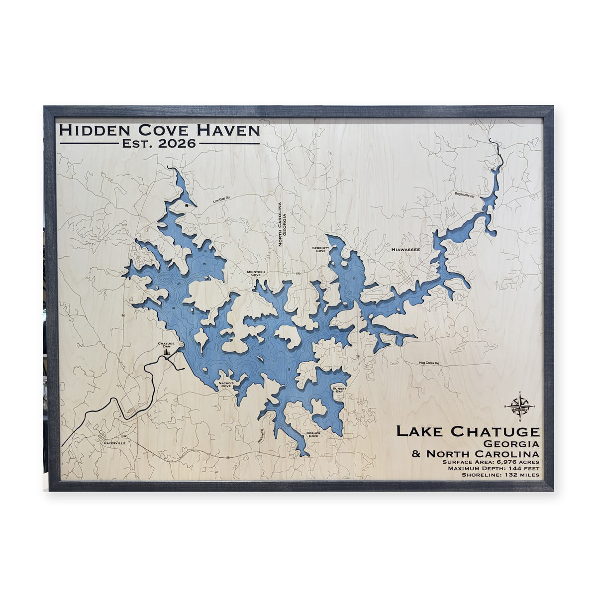 Lake Chatuge, Georgia & North Carolina Wood Map — 1 water layer with engraved contours main photo [MC20261006 q0324 f9d8ad560787]