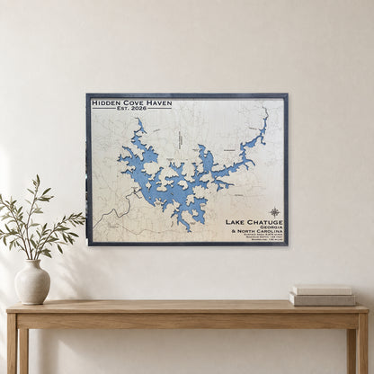 Lake Chatuge, Georgia & North Carolina Wood Map — room mockup [MC20261006 q0324 d8e375ee567b]