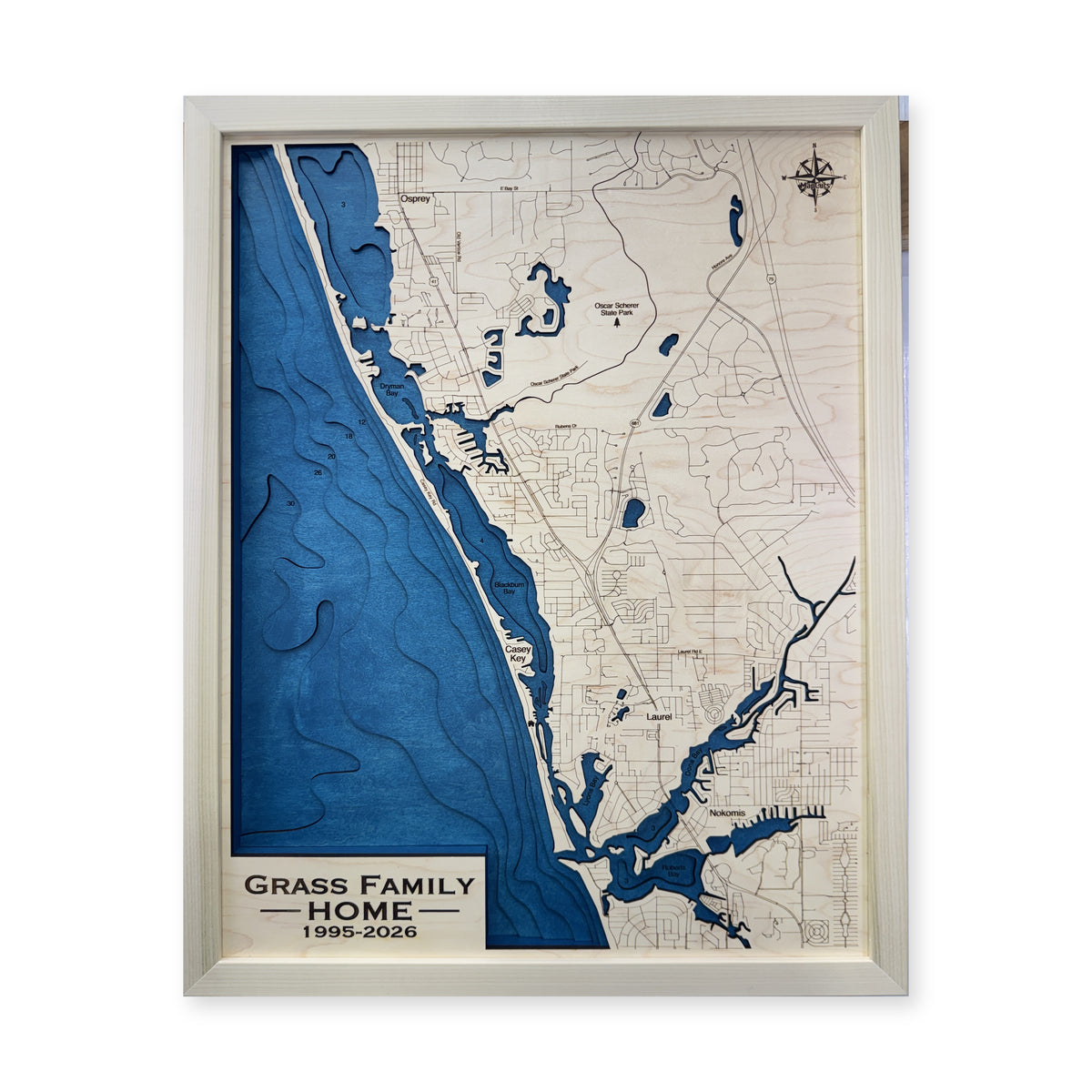 Casey Key, Osprey and Nokomis, Florida Wood Map — Multilayer water map main photo [MC20261006 q0327 2cc4bfbd5920]