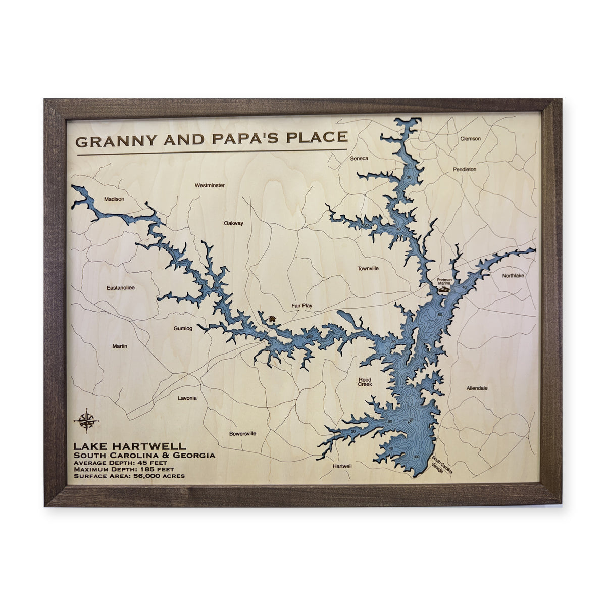 Lake Hartwell Wood Map — 1 water layer with engraved contours main photo [MC20261006 q0337 e3732987b518]