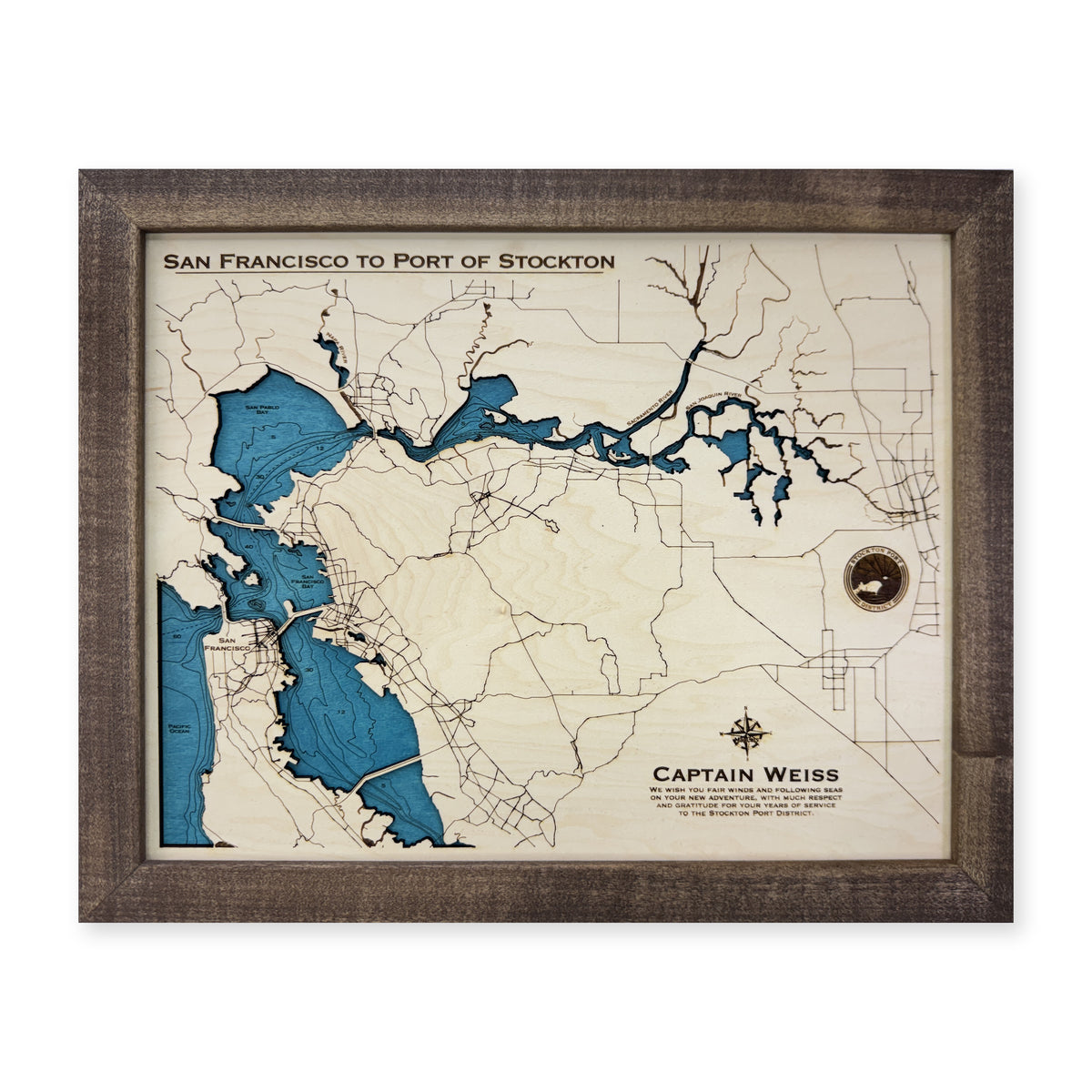 San Francisco to Port of Stockton California Wood Map — 1 water layer with engraved contours main photo [MC20261006 q0463 e022d3defc69]