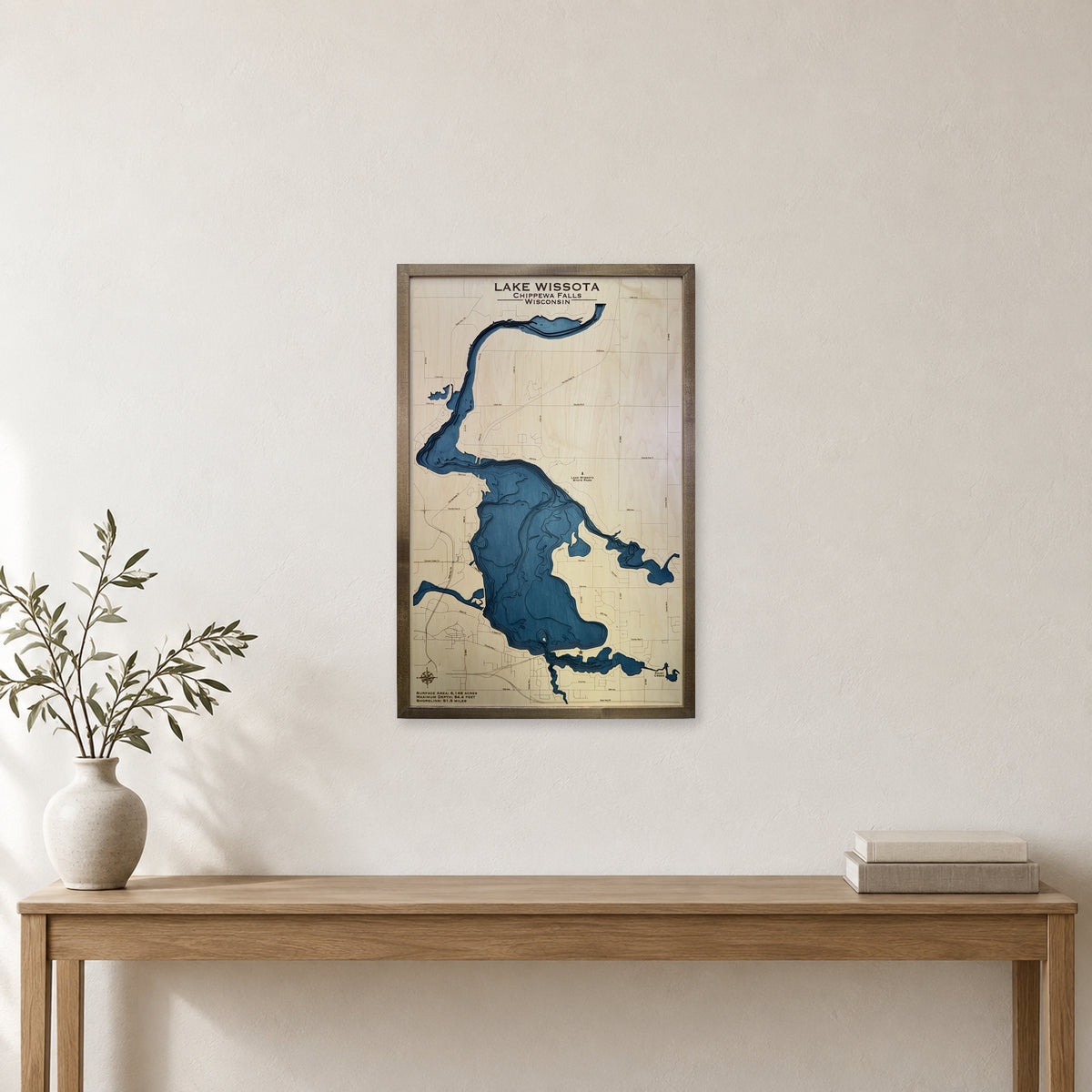 Lake Wissota Wood Map — room mockup [MC20261006 q0478 da51bb6101bf]