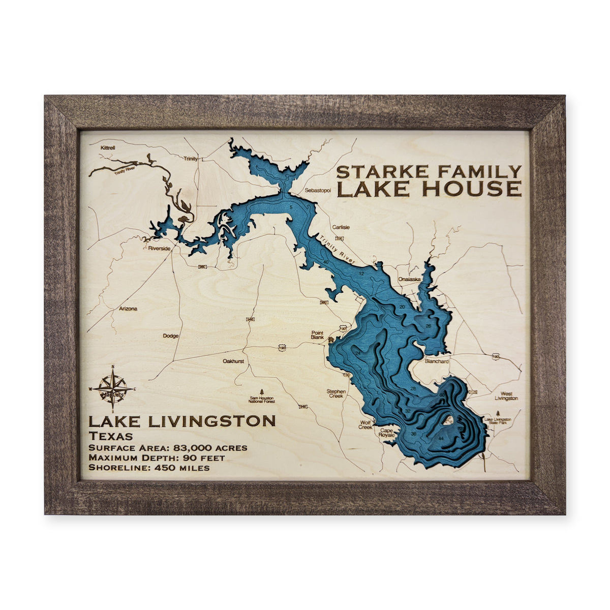Lake Livingston, Texas Wood Map — Multilayer water main photo [MC20261006 q0485 2e568842c43b]